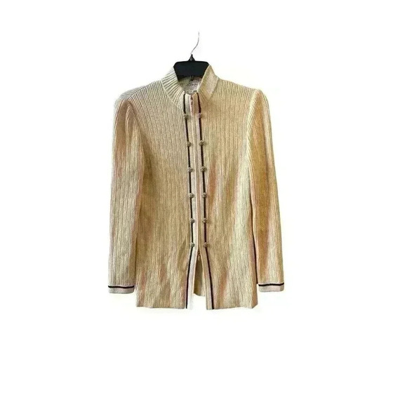 St. John Collection Marie Gray Knit Blazer Jacket Gold Yellow Zipper Size 2 - Picture 1 of 9